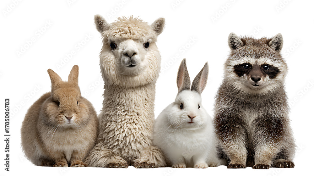 Obraz premium A group of diverse animals including a rabbit, alpaca, bunny, and raccoon isolated on transparent background