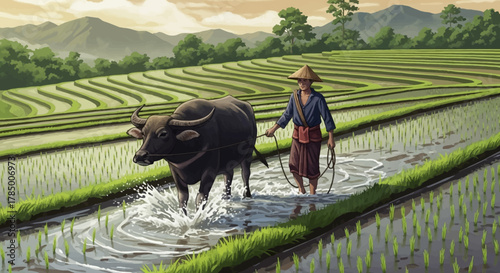 Farmer and Water Buffalo Working in Rice Paddy Field.