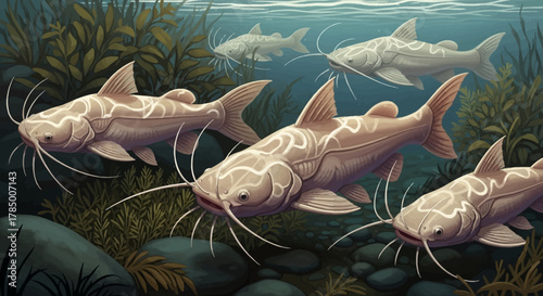 Group of Channel Catfish Swimming in Murky Water with Aquatic Plants.
