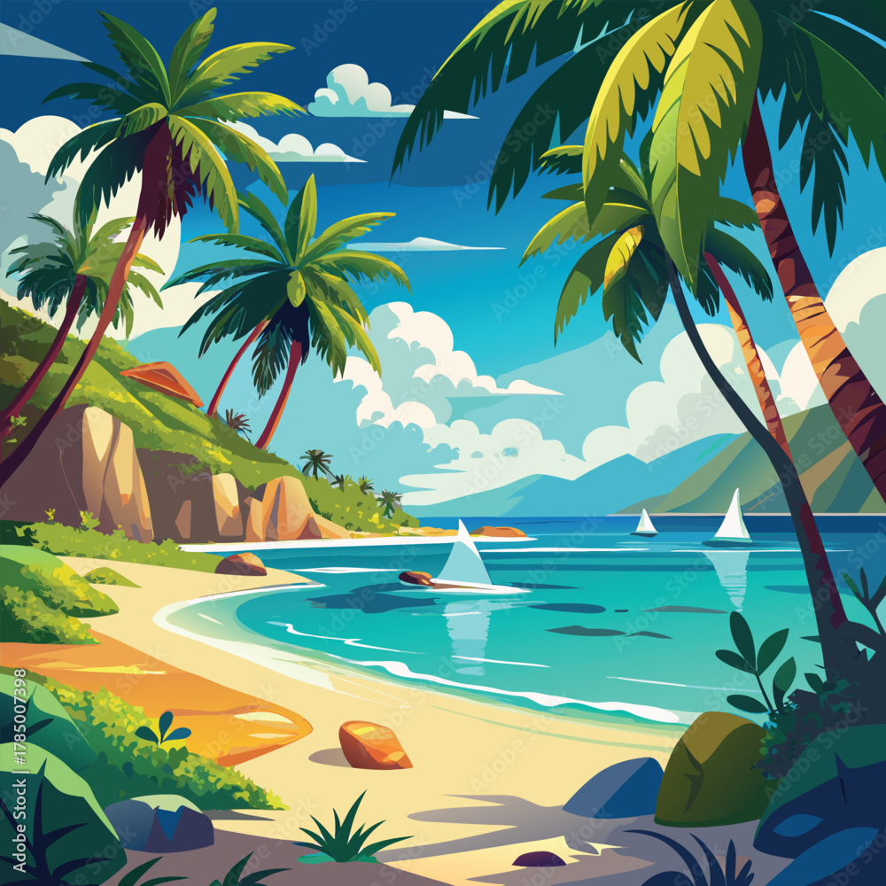 Fototapeta premium Tropical paradise beach with palm trees, boats, and blue sea