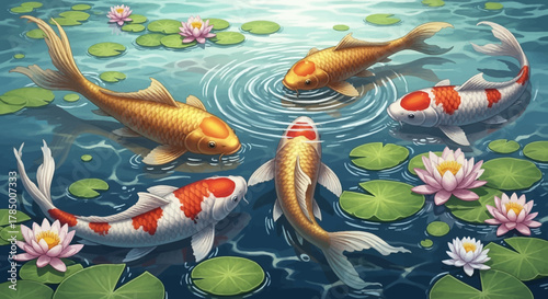 Koi Fish Swimming in a Pond with Lily Pads and Flowers.
