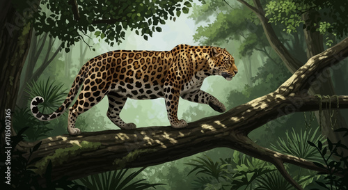 Leopard Walking on a Tree Branch in a Lush Forest Environment.
