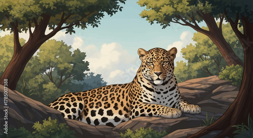 Majestic Jaguar Resting in a Forest Clearing, Displaying its Distinctive Spotted Coat.