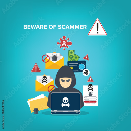 hacker, scammer in front of his computer committing digital cybercrime	