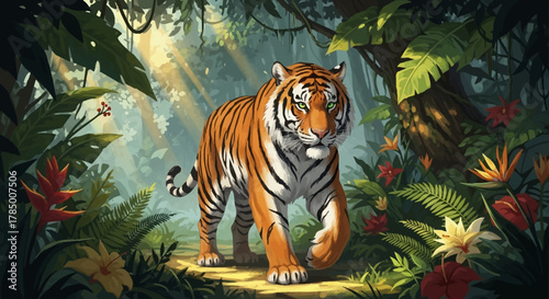 Majestic Tiger Walking Through Lush Jungle Foliage.