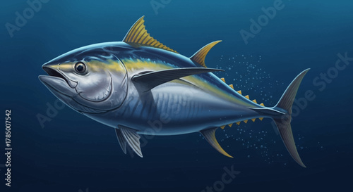 Majestic Tuna Fish Swimming in the Deep Blue Sea.