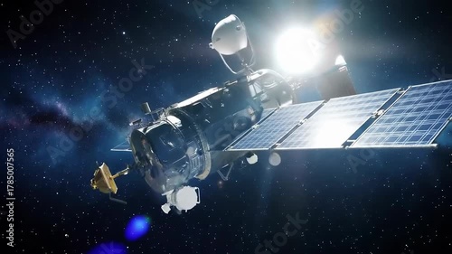 Animation showing a satellite unfolding its solar panels and antennas in orbit