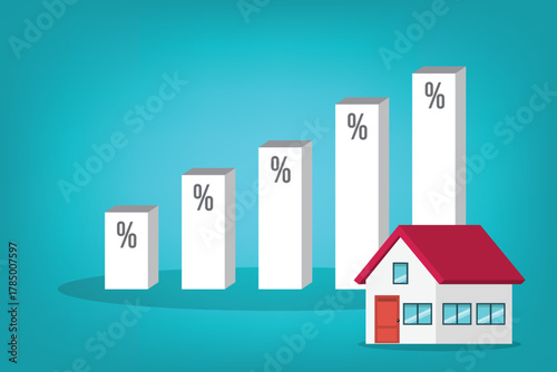 Increasing interest rates. Percentage symbols on increasing high charts bars of next to a house	