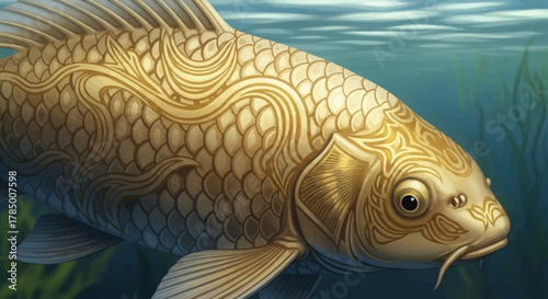 Ornate Golden Koi Fish with Intricate Scale Patterns Swimming Underwater.