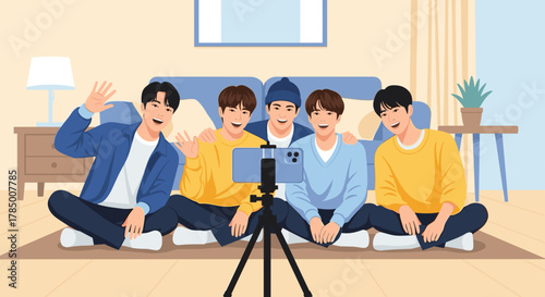 K-pop group engaging in an online livestream with fans for social media content and fan interaction