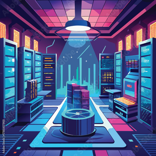 Futuristic server room illustration with neon lights and technology theme