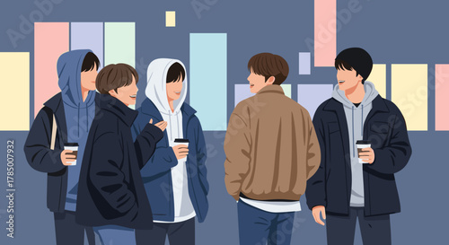 Group of young men chatting and holding coffee cups in urban setting  