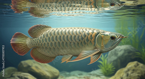 Silver Arowana Fish Swimming in Aquarium with Reflection.