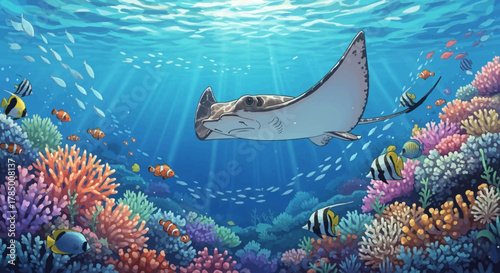 Stingray Swimming Above a Vibrant Coral Reef with Fish.