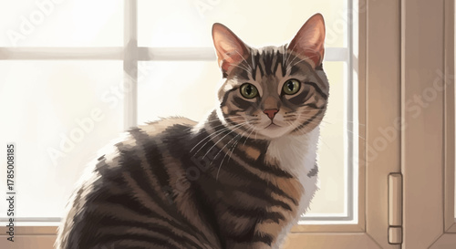Striped Tabby Cat Sitting Near a Window.