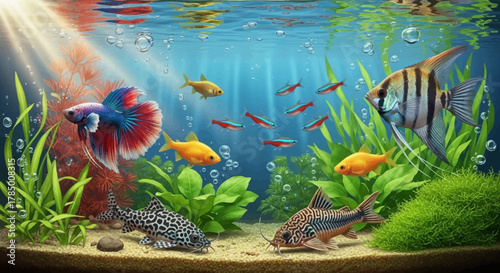 Vibrant Aquarium Scene with Diverse Fish Species and Lush Aquatic Plants.
