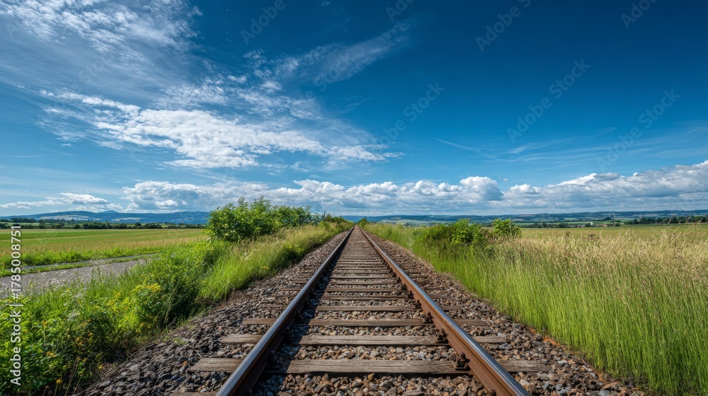 Fototapeta premium Serene Railroad Tracks Emerging Through Lush Green Fields Under a Vast Blue Sky with Fluffy Clouds in a Tranquil Landscape