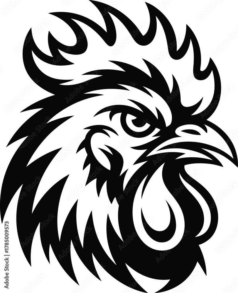 Fototapeta premium Stylized black and white rooster head illustration