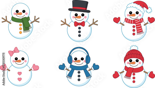 Collection of six adorable cartoon snowmen in festive winter outfits