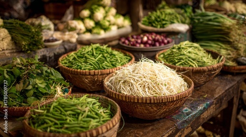 Fresh Organic Vegetables Displayed in Rustic Market Baskets Surrounded by Bright Colors and Natural Textures for Culinary Inspiration