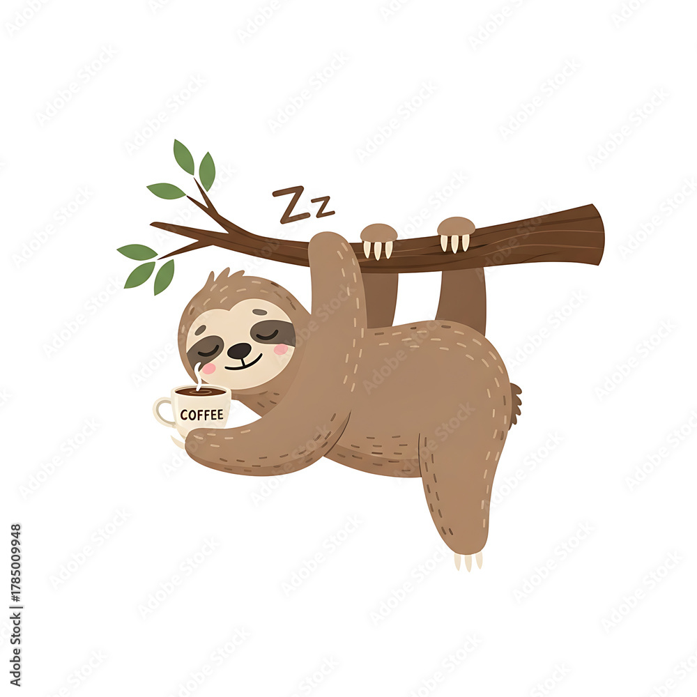 Naklejka premium Cute sleepy sloth hanging from a tree branch holding a coffee cup isolated on transparent background