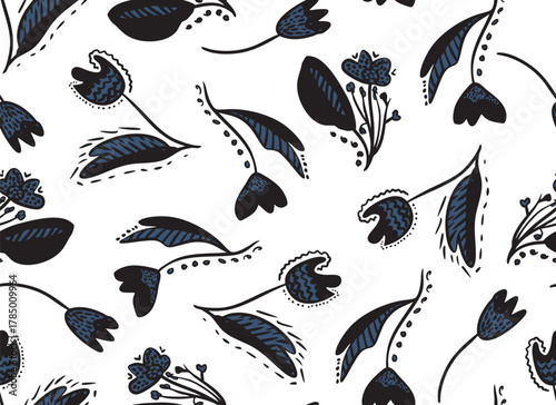 Abstract flowers with leaves, cartoonish sketch style seamless repeat pattern. Random placed, vector botanical aop, all over surface print on white background.