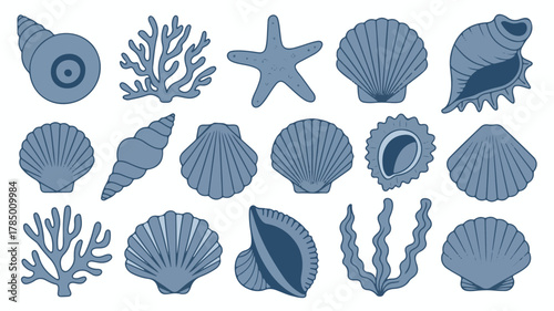 Collection of Blue Marine Life Icons with Shells and Coral