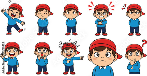 Cartoon boy emotion set, red cap, blue shirt, facial expressions, body language, joyful, angry, confused, surprised, educational character pack, vector illustration, white background