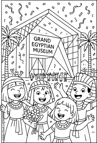 hand drawn vector illustration of Grand Egyptian Museum coloring page for kids
