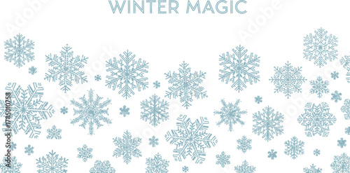 Teal snowflakes scattered across a white background for winter holiday designs