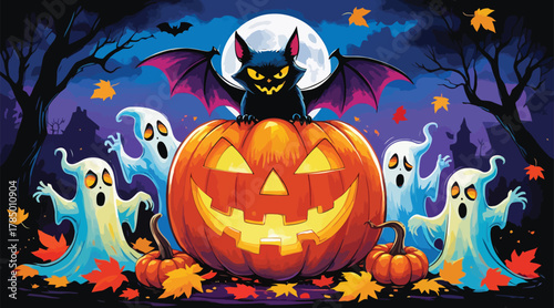 Halloween night background with pumpkins and spooky atmosphere