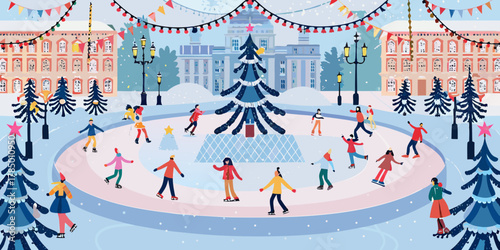 Festive outdoor ice skating rink in a snowy city square decorated for christmas holidays