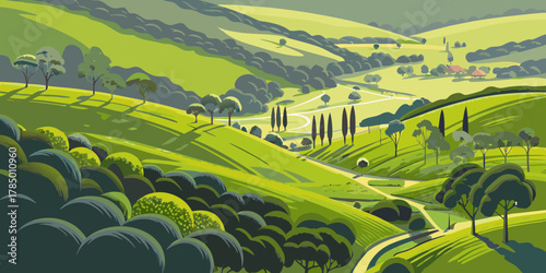 Stylized illustration of rolling green hills and cypress trees under a bright sky