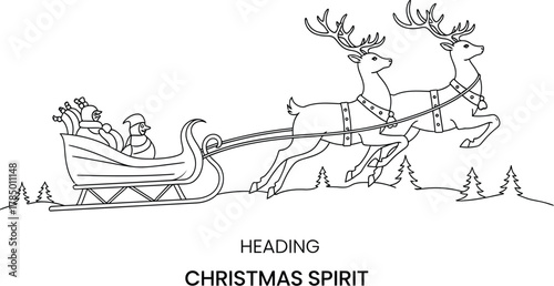 Santa's sleigh pulled by reindeer in a minimalist line art winter scene design