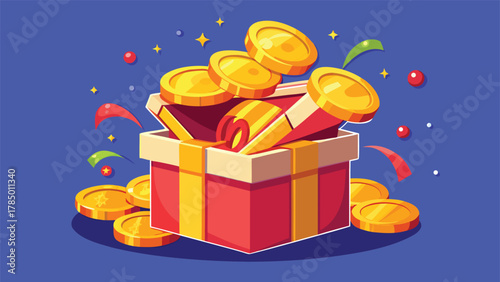 A gift box with a red ribbon, showcasing an abundance of gold coins inside..eps