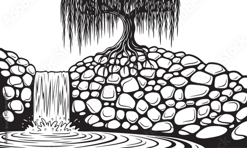 Black and white illustration of a weeping willow tree by a waterfall roots rocks