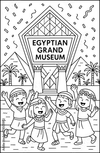 hand drawn vector illustration of Grand Egyptian Museum coloring page for kids