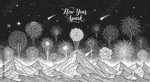 Engraved new year fireworks display over snowy mountains at night celebration