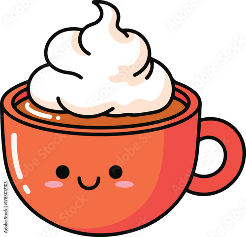 Cute cartoon coffee cup with whipped cream and a happy face drink beverage