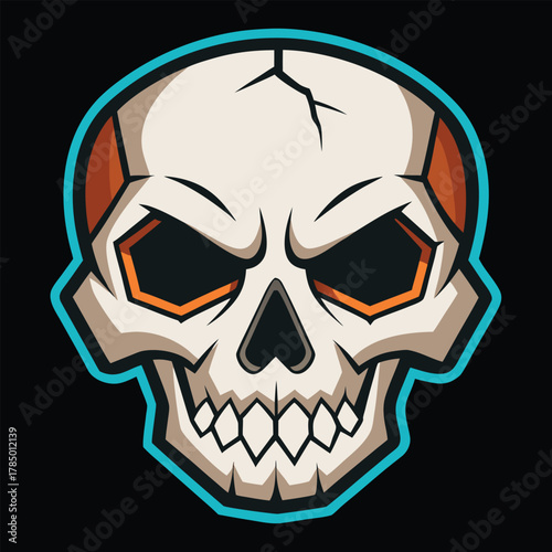 Stylized cartoon skull with cracked forehead and glowing orange eye sockets