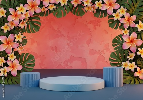 Tropical Frangipani and Monstera Flower Frame with Blue Podiums. Vibrant Summer Backdrop for Beauty and Vacation Products