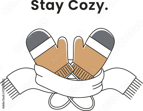 Winter mittens and scarf illustration against a cream colored background