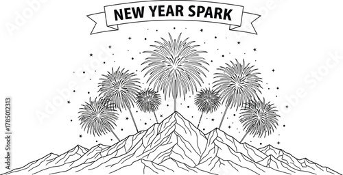 New year spark fireworks exploding over mountain peaks in black and white art