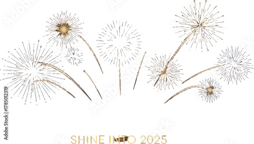 Golden fireworks shine brightly against a dark blue background for new year 2025