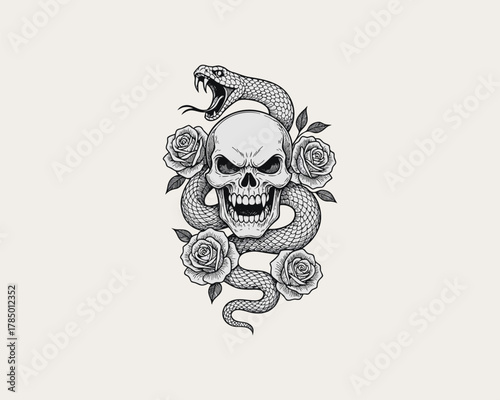 Skull with snake and roses tattoo illustration design