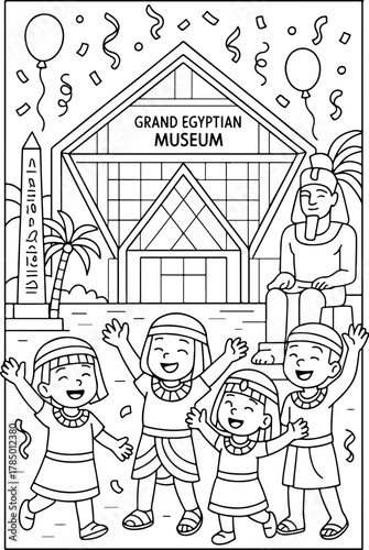 hand drawn vector illustration of Grand Egyptian Museum coloring page for kids