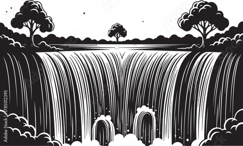 Stylized waterfall with trees and clouds in a black and white landscape cascade falling water