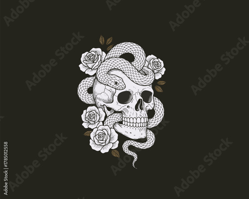 Skull with snake and roses tattoo illustration design