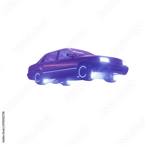 Retro futuristic flying car with neon lights isolated on transparent background, a symbol of technological advancement and innovation