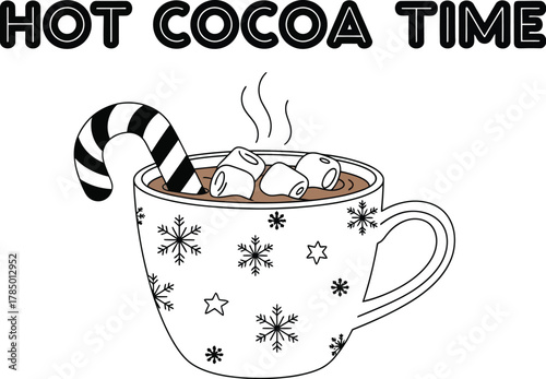 Festive hot cocoa with marshmallows and candy cane for a cozy winter treat